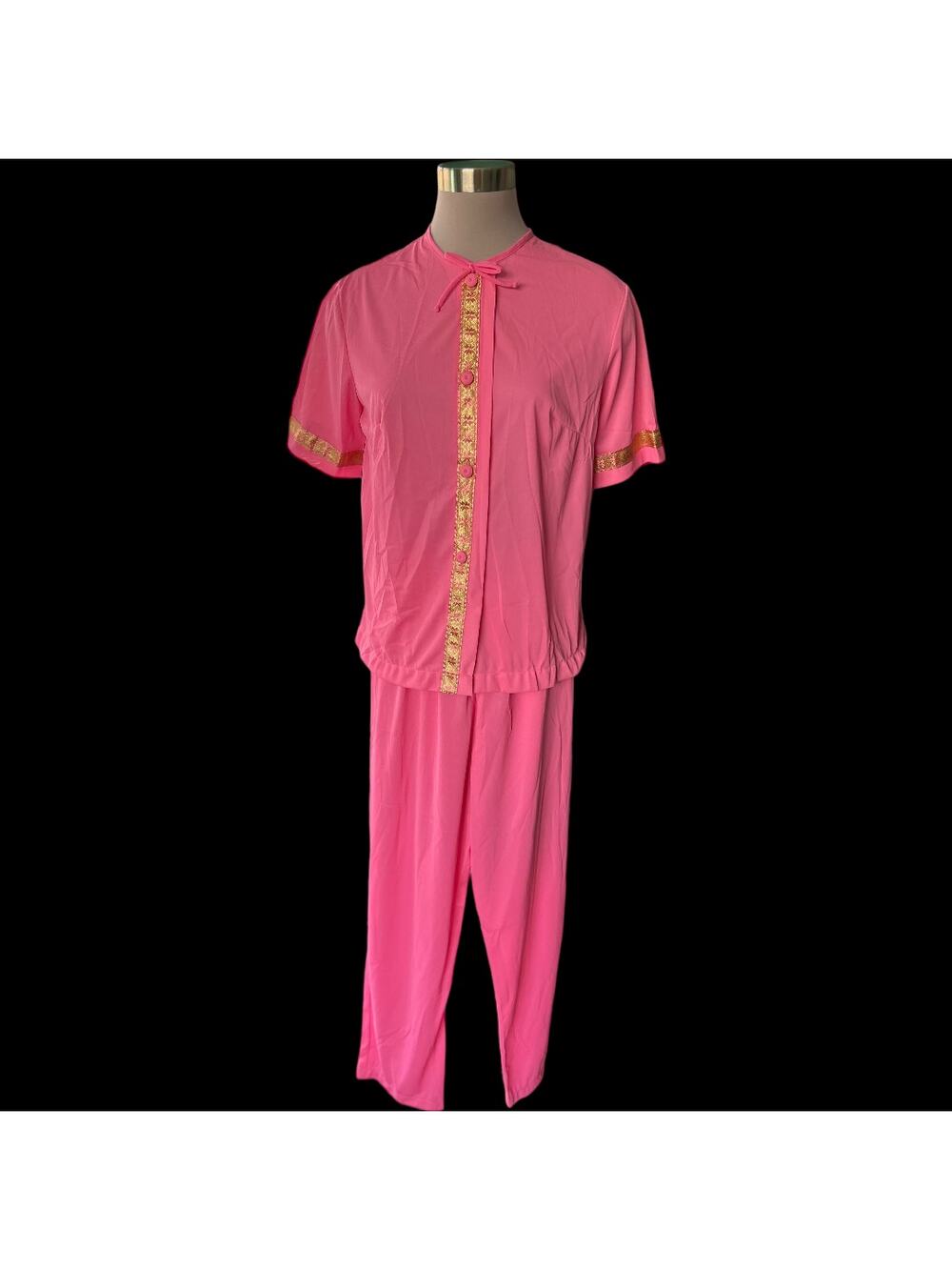 NWT Vintage Mandarin Style 2 pc Pant Set Pink Gold House Lounge Outfit Size Med